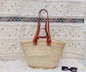 Panier marocain de qualité supérieure. Sac en paille marocain naturel XL avec double poignée en cuir naturel - Product Image 1