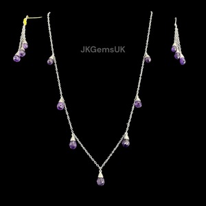 925 <b>Sterling</b> <b>Silver</b> Natural Amethyst Gemstones <b>Necklace</b> Earrings Set Purple Faceted Drops for Children's Wedding Parties - Product Image 1