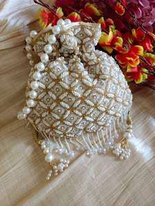 2025 @ <b>White</b> Potli <b>Bags</b> on Silk Fabric with Heavy Embellished Pearls, Crystal Glass Beads Sequence Work for Party-wear/Wedding - Product Image 2