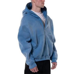 Fabricants OEM ODM, sweat à capuche surdimensionné à fermeture éclair, sweat à capuche délavé de haute qualité, bleu pour homme, 450 GSM, sweat à capuche à fermeture éclair - Product Image 6