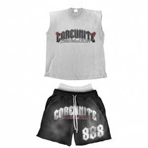 280 GSM French Terry Cotton Polyester Sleeveless T Shirt Shorts <b>Set</b> Custom DTF Print Logo Men Sleeveless shirt and Shorts <b>Set</b> - Product Image 1