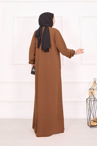 Vêtements de prière en coton de style moyen-oriental en gros, kaftan de couleur camel, abaya modeste pour femmes, poignets élastiques, poches, robes - Product Image 3