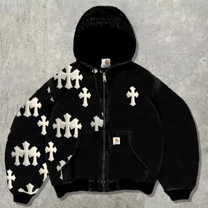 Sweat à capuche pour homme, style streetwear, coupe ample et carrée, en maille épaisse, délavé à l'acide, effet vieilli, avec fermeture éclair, orné de strass et de diamants, style vintage, pour l'été - Product Image 3