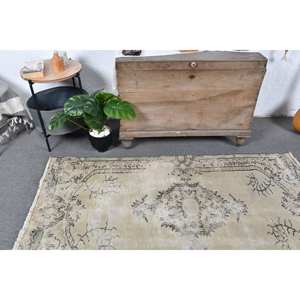 Tapis en laine turque beige et vert vintage de 3.4x6,2 pieds, tissage plat, motif patchwork pour les décorations de salon - Product Image 2