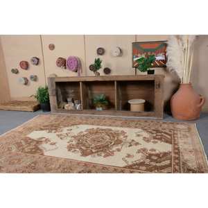 พรมขนสัตว์สีน้ำตาลเบจแบบตะวันออกขนาด4.9x7.8ฟุตแนววินเทจสไตล์ตุรกีผืนใหญ่งานเย็บปะติดสี่เหลี่ยมผืนผ้าขนาดใหญ่พรมแอบสแตรกสำหรับห้องโถงห้อง - Product Image 2