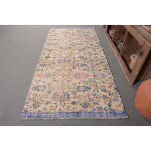 Vintage <b>Turkish</b> <b>Rug</b> 3.9 X 8.7ft Handmade Blue Beige Wool Latex Backing Patchwork for Bedside Rectangle Hallway New Design - Product Image 1