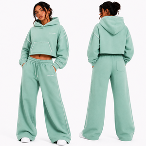 Ensemble de survêtement d'hiver ONEAPEX SPORTS WEAR pour femme, vert menthe, avec strass, sweat à capuche court et pantalon large, streetwear, qualité supérieure, épais - Product Image 2