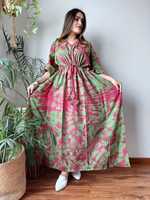 Robe longue maxi de détente en coton imprimé de qualité supérieure, respirante, à motif floral de Jaipur, faite à la main, pour les vacances d'été, coupe droite, éco-responsable, col en V