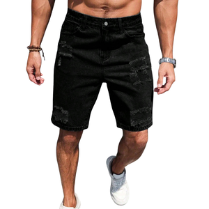 <b>Mens</b> <b>Black</b> Denim <b>Shorts</b> Breathable Ripped Distressed Design Casual Straight Fit Cotton Summer Streetwear Fashion Knee Length - Product Image 1