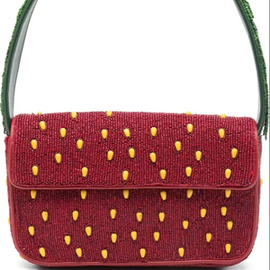 Sac à bandoulière perlé motif fraise rouge, pochette de plage d'été pour femme avec perles de verre et poignée à franges vertes, motif fruit - Product Image 1