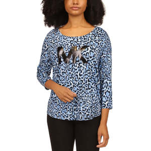 T-shirt court en maille bleue pour femme Michael Kors, tailles XS et XXS, respirant et mignon, avec logo imprimé animal, coupe ajustée, longueur courte - Product Image 1
