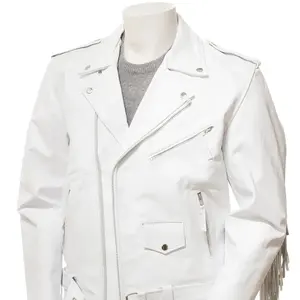 Seasonal Hit White Leather Bomber Jacket Breathable Genuine Leather Lapel Collar High Street Biker Jacket Men