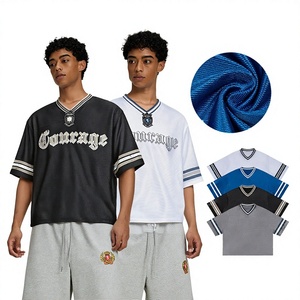 T-shirt de baseball col en V pour homme Gmi, 175G polyester, été, coupe oversize, manches courtes, col contrastant, broderie vintage - Product Image 1