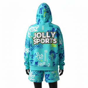 Conjunto de Sudadera Corta con Capucha de Felpa de Algodón Premium para Mujer, Color Azul Agua, Estampado Gráfico, Logotipo Personalizado, Conjunto de Shorts Deportivos para Mujer - Product Image 3