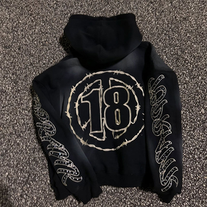 OEM personnalisé à la mode partout impression numérique brodé strass pull à capuche hommes lavage à l'acide capuche - Product Image 2