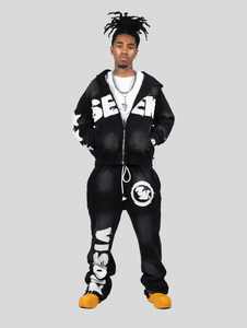 Conjunto de Sudadera con Capucha y Pantalones Deportivos con Parches Desgastados Personalizados, Estilo Vintage, Lavado Ácido, Cierre de Cremallera, Corte Recto y Ajustado para Hombre - Product Image 3