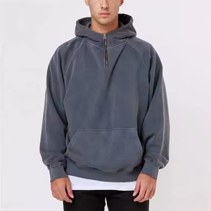 OEM personnalisé épaules tombantes manches raglan col cheminée pull gris délavé surdimensionné demi quart fermeture éclair sweat à capuche simple hommes sweats à capuche - Product Image 3