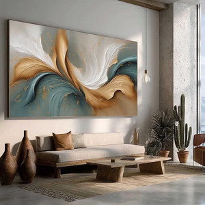 Teal Gold Flow <b>Abstract</b> Painting Large Size Modern Wholesale Still Life Hand Painted Artwork <b>Canvas</b> Wood Interior Wall - Product Image 1