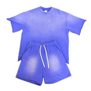 Ensemble d'été actif deux pièces pour hommes Sweat respirant lavé à la pierre et à l'acide avec logo personnalisé Col ras du cou Ensembles courts imprimés décontractés bon marché - Product Image 5