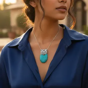 Pendentif en argent 925 avec turquoise pour femmes, style bohème, plaqué or, forme de poire, charme en pierre religieuse pour la fabrication de bijoux - Product Image 3