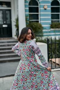 Robe mi-longue Bohemian Bliss, imprimée à la main, motif floral bleu et rose, décontractée, pour occasions spéciales - Product Image 3