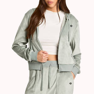 Ensemble de survêtement à capuche zippé en velours doux pour femmes, coupe décontractée, tenue de sport deux pièces pour les commandes en gros - Product Image 3