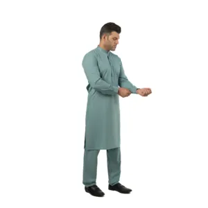 <b>Mens</b> Seafoam Green Salwar Kameez Cotton <b>Kurta</b> Pajama Band Collar Embroidered Semi Formal Ethnic Wear - Product Image 2