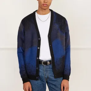 Cardigã de alta qualidade suéter escovado jacquard com decote em V mangas compridas botão frontal mohair suéter de malha cardigan masculino