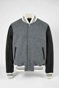 Custom 3D Puff Embroidery Varsity Jacket Men Women Green Melton Wool Real Leather Sleeves Striped Collar Cuffs Hem Snap <b>Button</b> - Product Image 3