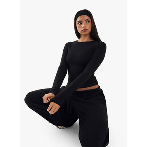 Phong Cách Mới Gân Mềm Mùa Thu Womens Dệt Kim Dài Tay Áo T Áo Sơ Mi Viscose Spandex Vuông Cổ Áo Giản Dị Tops Bán Buôn - Product Image 3