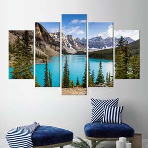 Art mural paysager du lac Moraine au Canada, toile imprimée de l'Alberta, mélange de 5 pièces : Gallery Wrap - Product Image 1