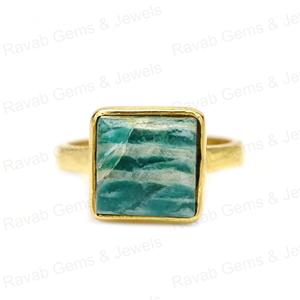 Anillo de mujer de Plata de Ley 925 de alta calidad, relleno de oro de 18 quilates, 14mm, ajuste de bisel de amazonita Natural, Cuadrado liso, rodio fino - Product Image 1