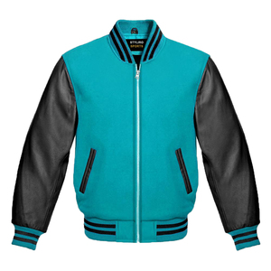 Men's Varsity Letterman <b>Baseball</b> <b>Bomber</b> <b>Jacket</b> Light Fabric with Hooded Collar for Winter with Leather Sleeves and Wool - Product Image 1