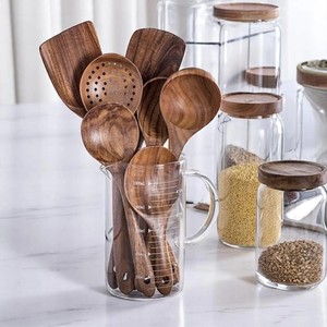 Utensilio de cocina de madera de acacia natural, utensilios de cocina, cuchara, cucharón, espátula, Skimmer, utensilios de cocina antiadherentes, esenciales, ecológicos - Product Image 2