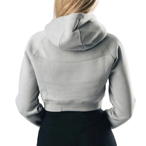 Sweat à capuche gris côtelé à manches longues et demi-fermeture éclair sur le devant pour femmes pull-over saison d'hiver design sweats à capuche pour femmes - Product Image 2