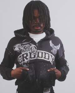 Sweat à capuche personnalisé Boxy 420 Gsm avec broderie en détresse Streetwear Acid Wash Rhinestone recadrée fermeture éclair fabricant de sweat à capuche - Product Image 1