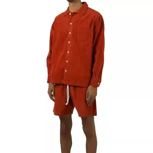 Ensemble décontracté d'été pour homme 100 % coton éponge, 2 pièces, chemise à manches courtes à col et short, couleurs personnalisables - Product Image 3