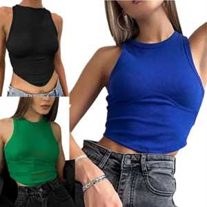 New Women's Solid Pattern Rib Tank <b>Top</b> Custom Printed Short Length Singlet Vest High Street Halter <b>Top</b> Woven Fabric Wholesales - Product Image 6