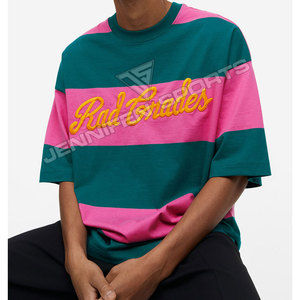 Camiseta de algodón a rayas de dos colores, estilo urbano, corte regular, hombros caídos, logotipo bordado personalizado de alta calidad, transpirable y de secado rápido. - Product Image 5