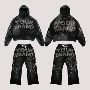 2025 nouveau Style 100% coton hommes fermeture éclair sweats à capuche et pantalon évasé Logo personnalisé 2 pièces hommes ensemble décontracté survêtement pour hommes - Product Image 4