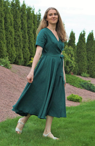 New Arrival Green Cotton Kaftan Formal V-neck Short Sleeve Midi <b>Dress</b> <b>Below</b> <b>the</b> <b>Knee</b> Wedding Guest <b>Dress</b> for Women - Product Image 4