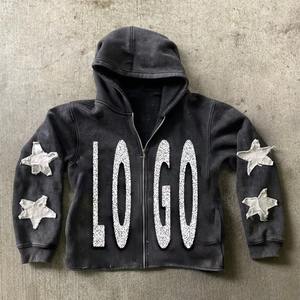 Vintage lavage à l'acide 500 Gsm sweat à capuche surdimensionné en détresse broderie Patch travail fermeture éclair 100% coton soleil délavé à l'acide sweat à capuche - Product Image 4