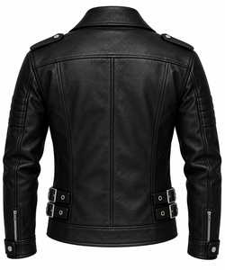 <b>Men's</b> Black Genuine Leather Moto <b>Jacket</b> With Zipper Closure And Adjustable Buckles Slim Fit <b>Biker</b> Style Autumn Wear - Product Image 2