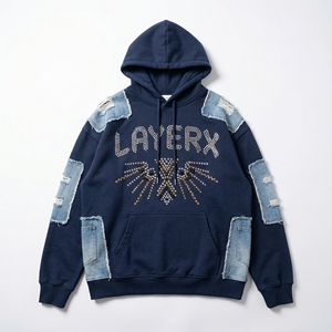 Sweat à capuche pour homme en denim bleu marine patchwork uni, coton lourd 300 g/m², broderie 3D, strass, streetwear délavé - Product Image 1