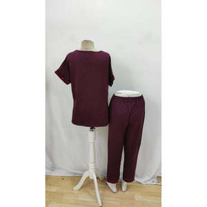 Women's Short-Sleeved V-Neck <b>Sequined</b> Viscose Two-Thread Blouse and <b>Pants</b> Two-Piece Set, 36143 - Burgundy - Product Image 5