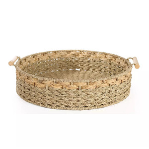 Plateau de service rond en herbe de mer, tissé à la main, en fibre naturelle, plateau de présentation, matériau durable, organisateur rustique pour la salle à manger et la décoration de la maison - Product Image 1