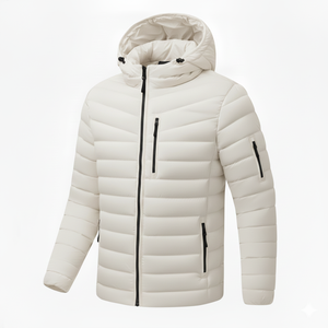 Blouson matelassé en toile à capuche pour homme, blanc nacré, haut de gamme, teint uni, léger, coupe-vent, respirant, hiver, style urbain - Product Image 1