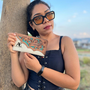 เครื่องมือช่าง กระเป๋าสตางค์แกะสลัก เคสโทรศัพท์ เคสคลัทช์ หนังวัวมีสไตล์ หนังกระเป๋าสตางค์สีเทอร์ควอยซ์ กระเป๋าสตางค์หนังตะวันตกอเนกประสงค์ - Product Image 1