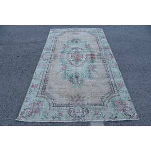 Alfombra turca clásica Vintage, forro de látex de lana de retazos verde Beige, hecha a mano, alfombras de cama laterales rectangulares de 4x8 pies, modelo de alfombra de noche - Product Image 1