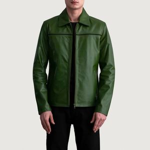 Custom Green <b>Leather</b> <b>Jacket</b> with Stand Collar casual Winter Style Front Logo Closure zipper OEM Service - Product Image 2